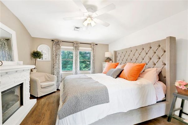 Bedroom, Fireplace, Interior, Wood Texture Flooring