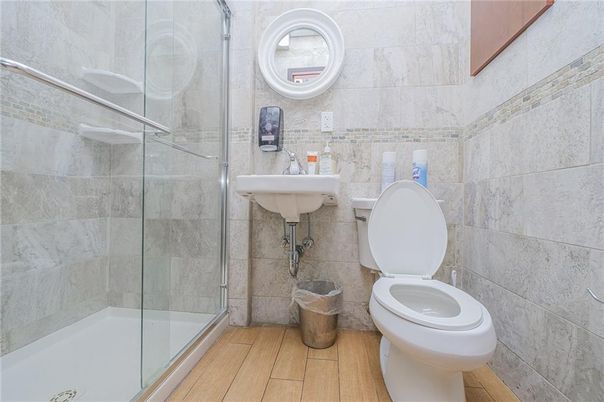 Bathroom, Glass Shower, Interior, Wood Texture Flooring