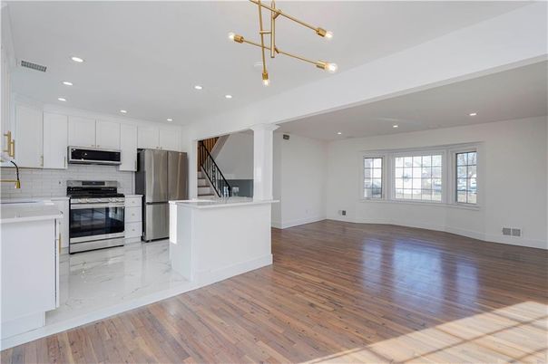 Interior, Kitchen, Marble, Recessed Lighting, Stainless Steel Appliances, Wood Texture Flooring
