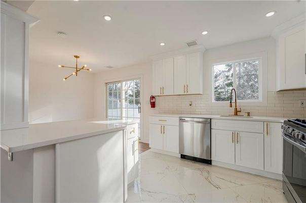 Interior, Kitchen, Marble, Pendant Lights, Recessed Lighting, Stainless Steel Appliances