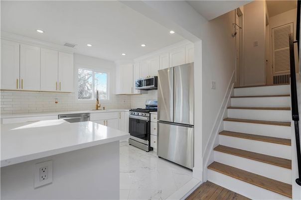 Interior, Kitchen, Marble, Recessed Lighting, Stainless Steel Appliances