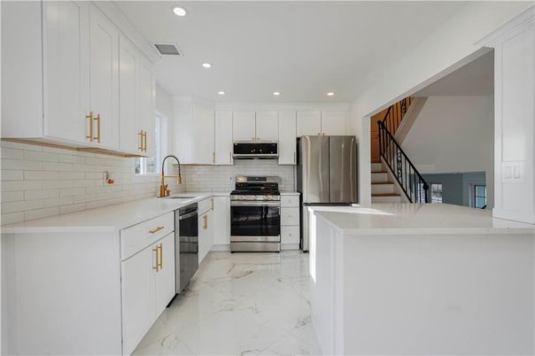 Interior, Kitchen, Marble, Recessed Lighting, Stainless Steel Appliances