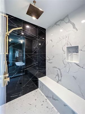 Bathroom, Glass Shower, Interior, Marble Walls, Recessed Lighting