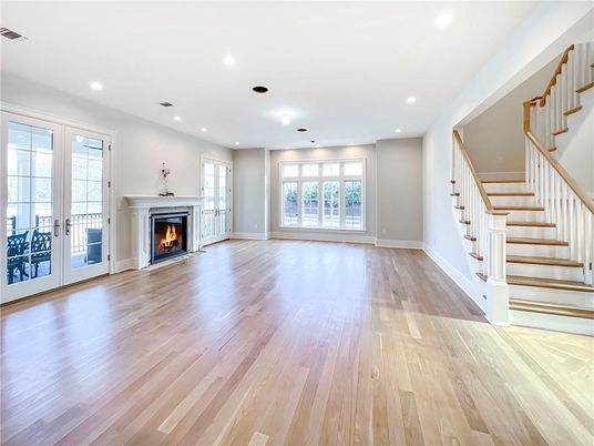 Empty room, Fireplace, Interior, Recessed Lighting, Wood Texture Flooring