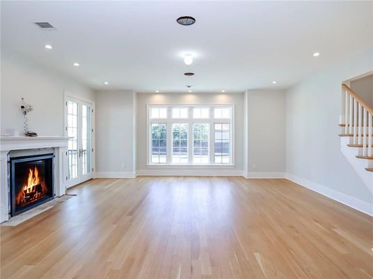 Empty room, Fireplace, Interior, Recessed Lighting, Wood Texture Flooring