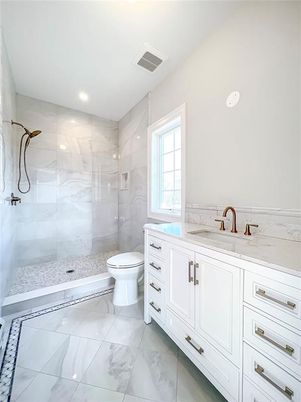 Bathroom, Glass Shower, Interior, Marble, Marble Walls, Recessed Lighting
