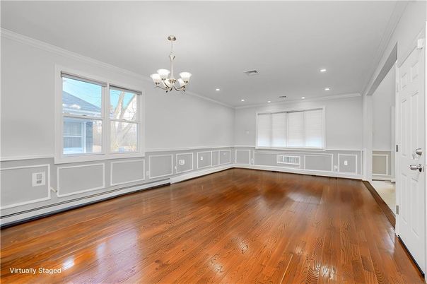 Chandelier, Empty room, Interior, Recessed Lighting, Wood Texture Flooring