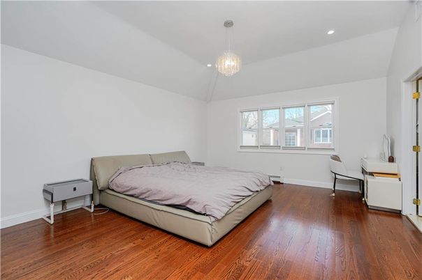 Bedroom, Chandelier, Interior, Recessed Lighting, Wood Texture Flooring