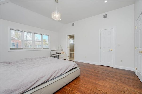 Bedroom, Chandelier, Interior, Recessed Lighting, Wood Texture Flooring