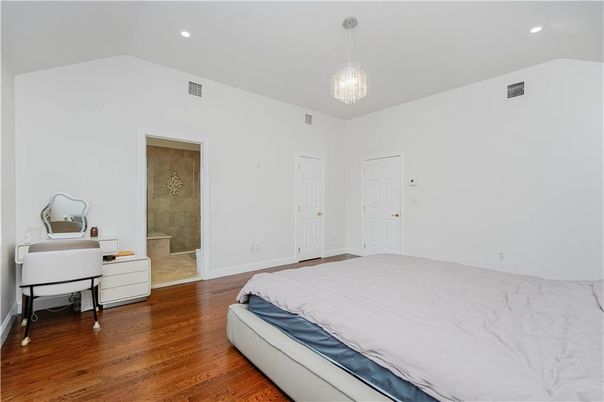 Bedroom, Chandelier, Interior, Recessed Lighting, Wood Texture Flooring