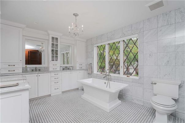 Bathroom, Chandelier, Dual Sink Vanities, Free Standing Baths, Interior, Marble Walls, Recessed Lighting