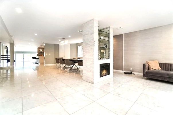 Dining room, Fireplace, Interior, Recessed Lighting