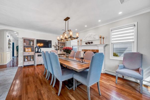 Chandelier, Dining room, Fireplace, Interior, Pendant Lights, Recessed Lighting, Wood Texture Flooring
