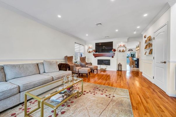 Fireplace, Interior, Living room, Recessed Lighting, Wood Texture Flooring