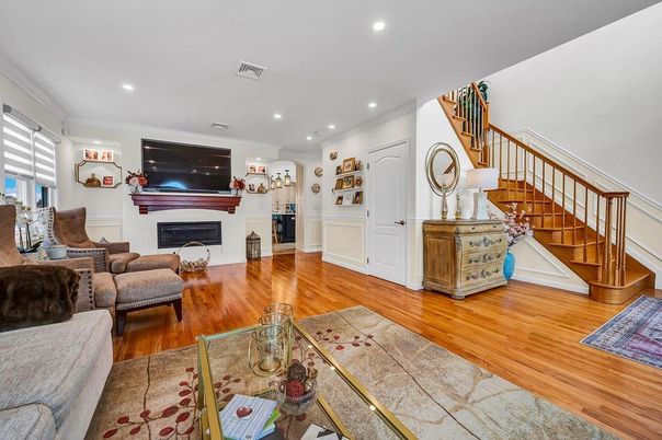 Fireplace, Interior, Living room, Recessed Lighting, Wood Texture Flooring