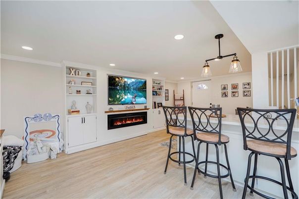 Fireplace, Interior, Pendant Lights, Recessed Lighting, Wood Texture Flooring