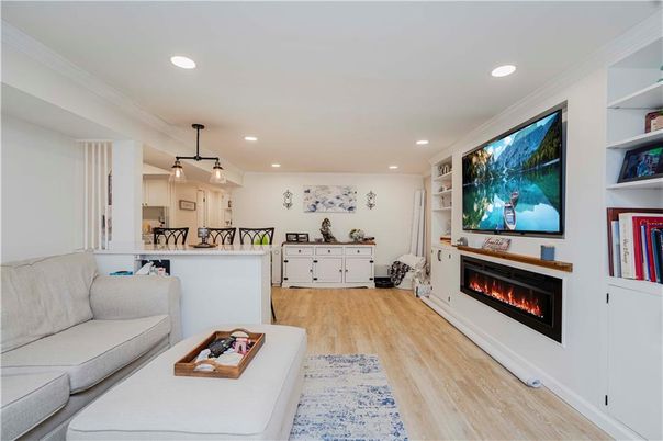 Fireplace, Interior, Kitchen, Living room, Pendant Lights, Recessed Lighting, Wood Texture Flooring