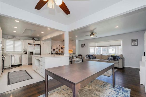 Interior, Kitchen, Living room, Recessed Lighting, Stainless Steel Appliances, Wood Texture Flooring