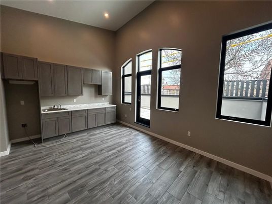 Empty room, Interior, Kitchen, Recessed Lighting, Wood Texture Flooring