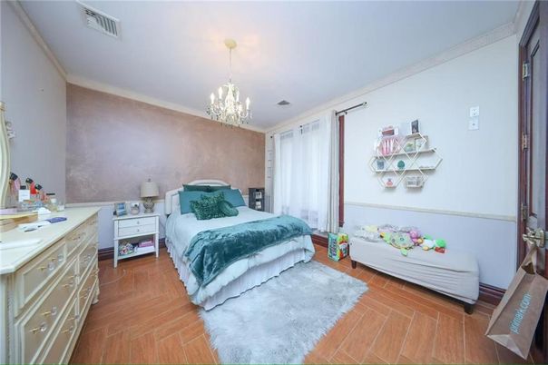 Bedroom, Chandelier, Interior, Wood Texture Flooring
