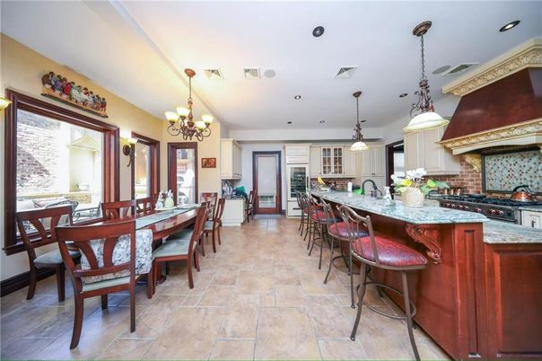 Chandelier, Dining room, Fireplace, Interior, Kitchen, Pendant Lights, Recessed Lighting, Stone Walls
