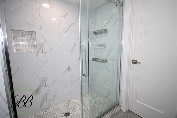 Bathroom, Glass Shower, Interior, Marble Walls, Recessed Lighting