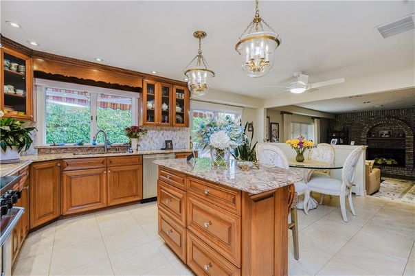 Dining room, Fireplace, Interior, Kitchen, Pendant Lights, Recessed Lighting, Stone Walls