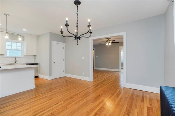Chandelier, Empty room, Interior, Kitchen, Pendant Lights, Recessed Lighting, Wood Texture Flooring