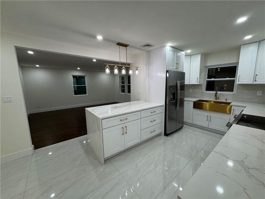 Interior, Kitchen, Marble, Pendant Lights, Recessed Lighting, Stainless Steel Appliances, Wood Texture Flooring