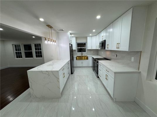 Interior, Kitchen, Marble, Pendant Lights, Recessed Lighting, Stainless Steel Appliances, Wood Texture Flooring