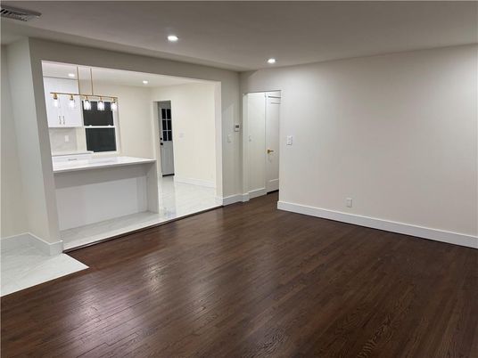 Empty room, Interior, Kitchen, Pendant Lights, Recessed Lighting, Wood Texture Flooring