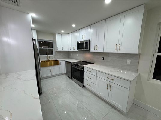 Interior, Kitchen, Marble, Recessed Lighting, Stainless Steel Appliances