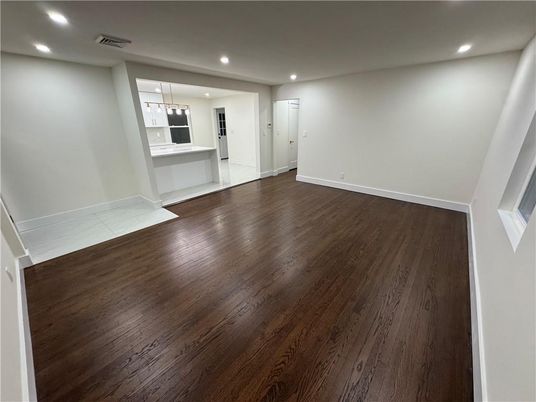 Empty room, Interior, Pendant Lights, Recessed Lighting, Wood Texture Flooring