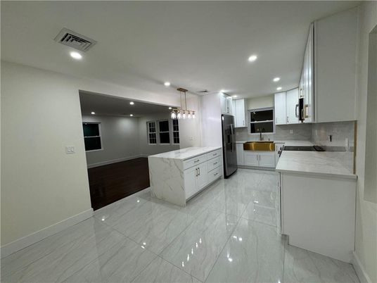 Interior, Kitchen, Marble, Pendant Lights, Recessed Lighting, Stainless Steel Appliances