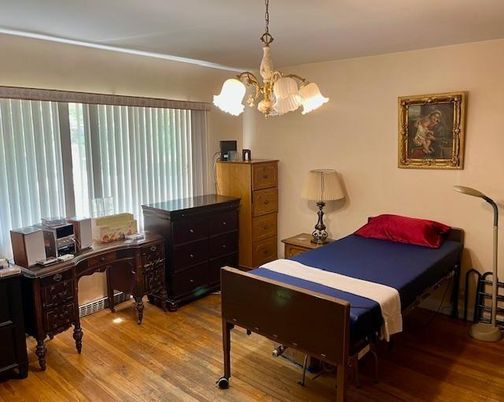 Bedroom, Chandelier, Home Office, Interior, Wood Texture Flooring