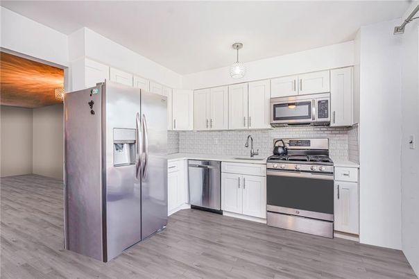 Interior, Kitchen, Pendant Lights, Stainless Steel Appliances, Wood Texture Flooring