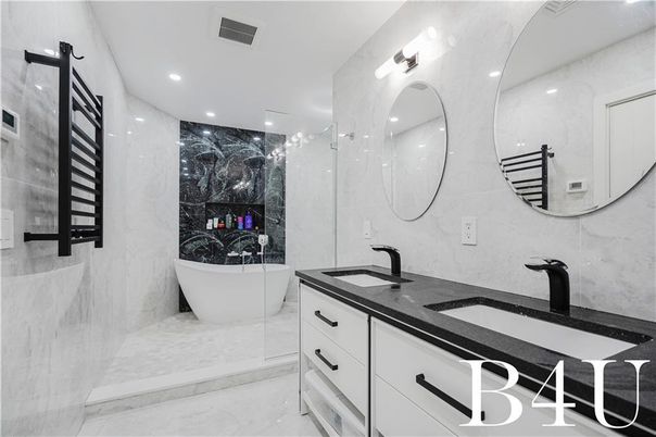 Bathroom, Dual Sink Vanities, Free Standing Baths, Glass Shower, Interior, Marble, Marble Walls, Recessed Lighting