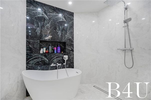 Bathroom, Free Standing Baths, Interior, Marble Walls, Recessed Lighting