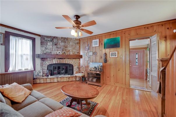 Fireplace, Interior, Living room, Stone Walls, Wood Texture Flooring, Wooden Walls