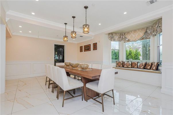Dining room, Interior, Marble, Pendant Lights, Recessed Lighting