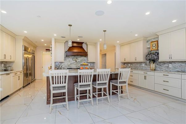 Interior, Kitchen, Marble, Pendant Lights, Recessed Lighting, Stainless Steel Appliances