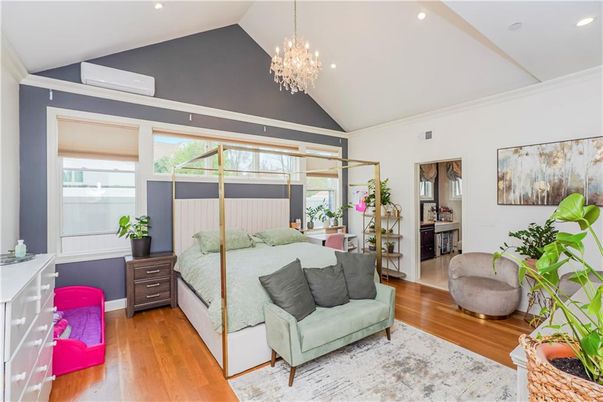 Bedroom, Chandelier, Interior, Recessed Lighting, Wood Texture Flooring