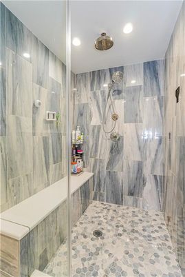 Bathroom, Glass Shower, Interior, Marble Walls, Recessed Lighting