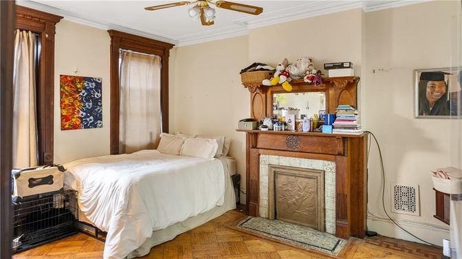 Bedroom, Fireplace, Interior, Wood Texture Flooring