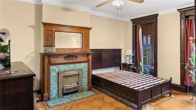 Bedroom, Fireplace, Interior, Wood Texture Flooring