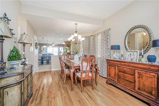 Chandelier, Dining room, Interior, Recessed Lighting, Wood Texture Flooring