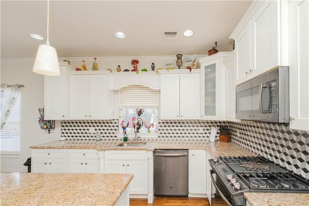 Interior, Kitchen, Pendant Lights, Recessed Lighting, Stainless Steel Appliances, Wood Texture Flooring