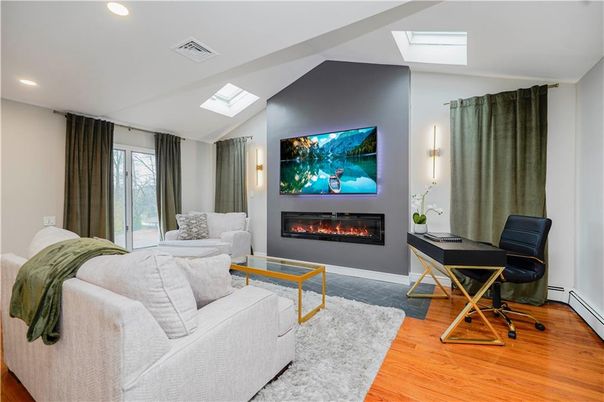 Fireplace, Home Office, Interior, Living room, Recessed Lighting, Wood Texture Flooring