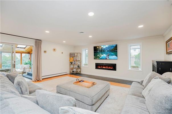 Fireplace, Interior, Living room, Recessed Lighting, Wood Texture Flooring