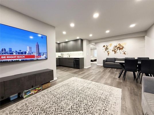 Dining room, Interior, Kitchen, Recessed Lighting, Wood Texture Flooring